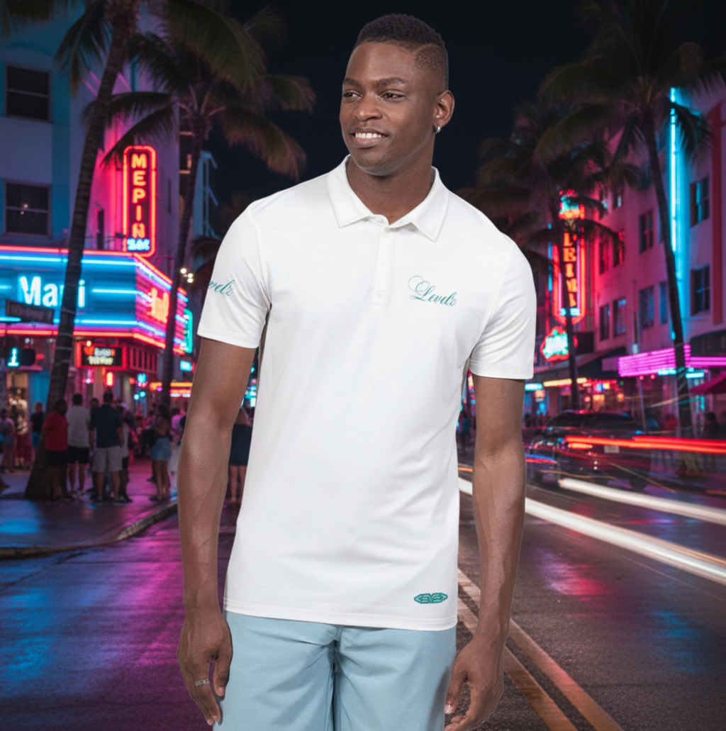 LEVELZ Script (TEAL) Men's All-Over Print Slim Fit Short Sleeve Polo