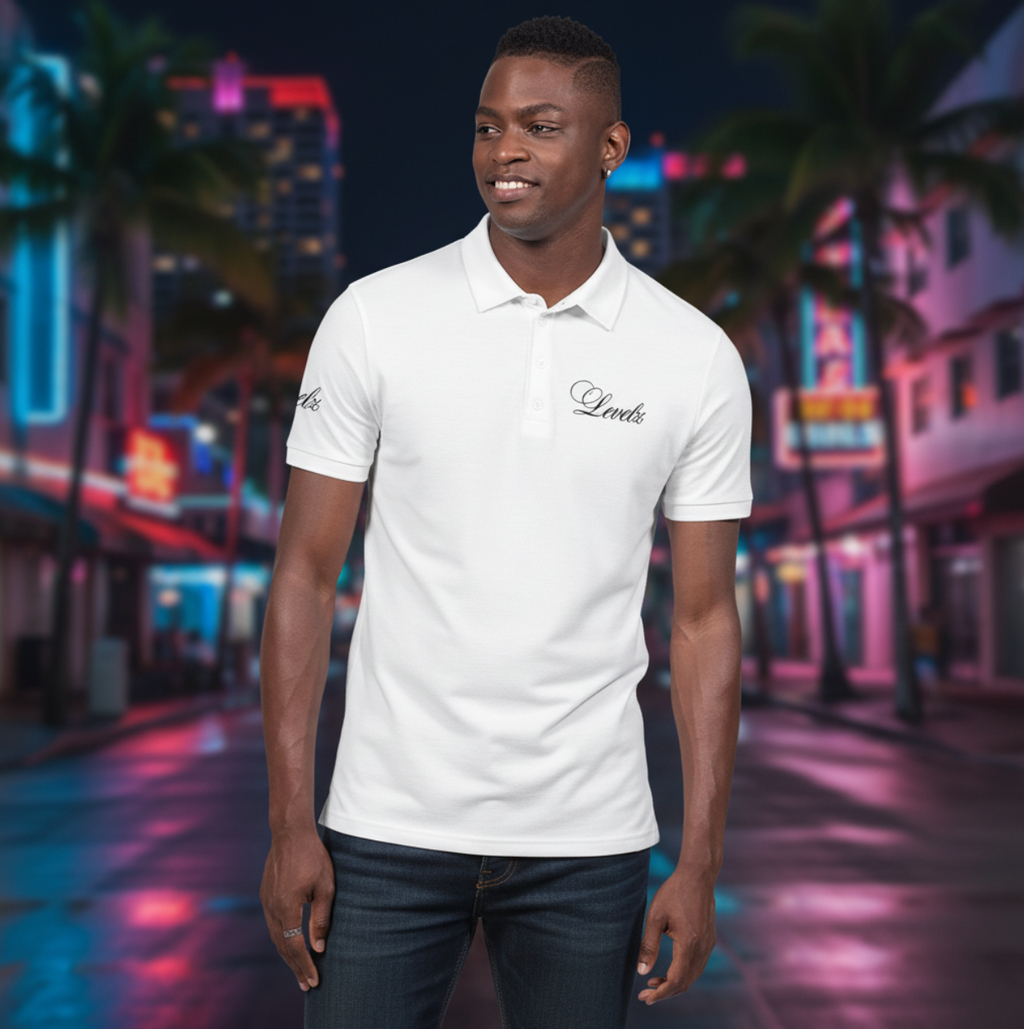 LEVELZ Script (BLACK) Men's All-Over Print Slim Fit Short Sleeve Polo