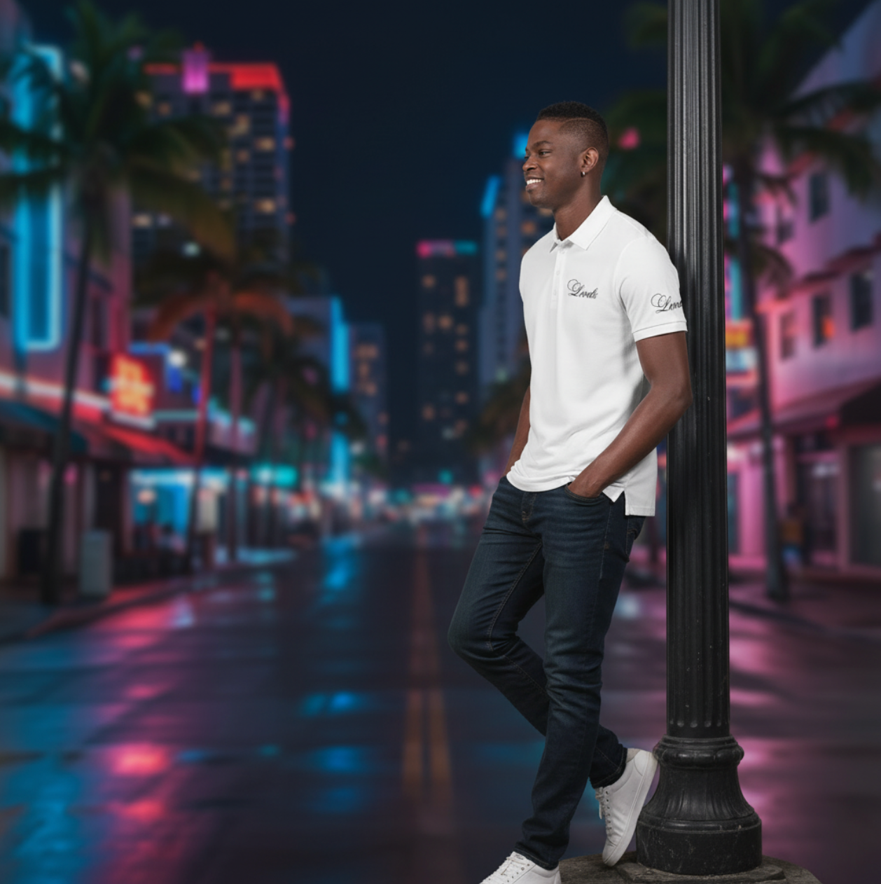 LEVELZ Script (BLACK) Men's All-Over Print Slim Fit Short Sleeve Polo