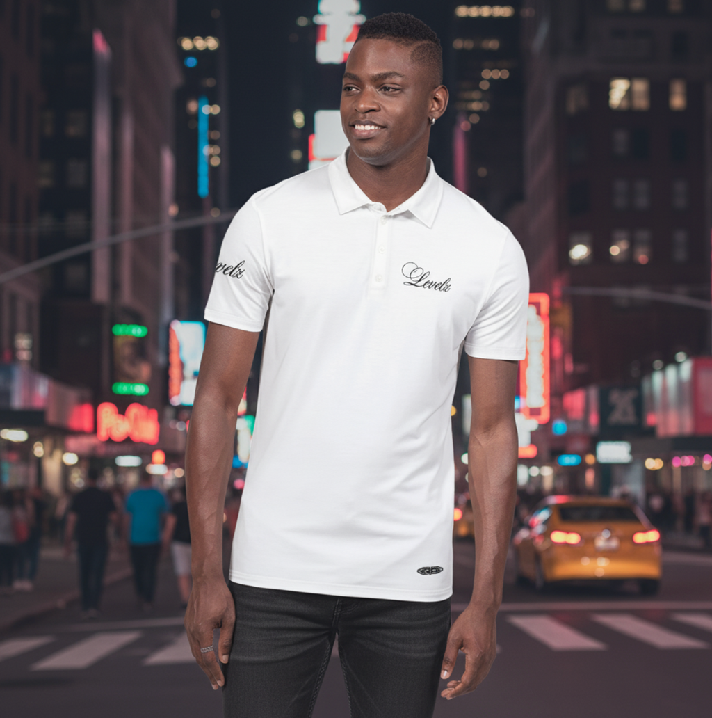 LEVELZ Script (BLACK) Men's All-Over Print Slim Fit Short Sleeve Polo